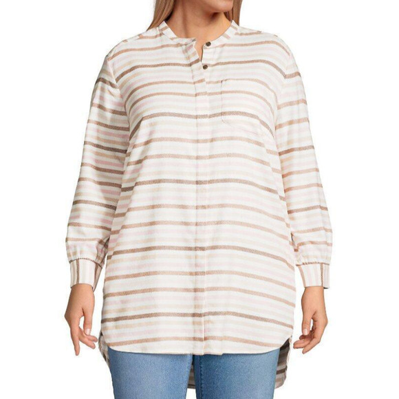Lands' End Striped Flannel Tunic Top Plus Size XL 18 White Pink Soft Pockets - Picture 1 of 9